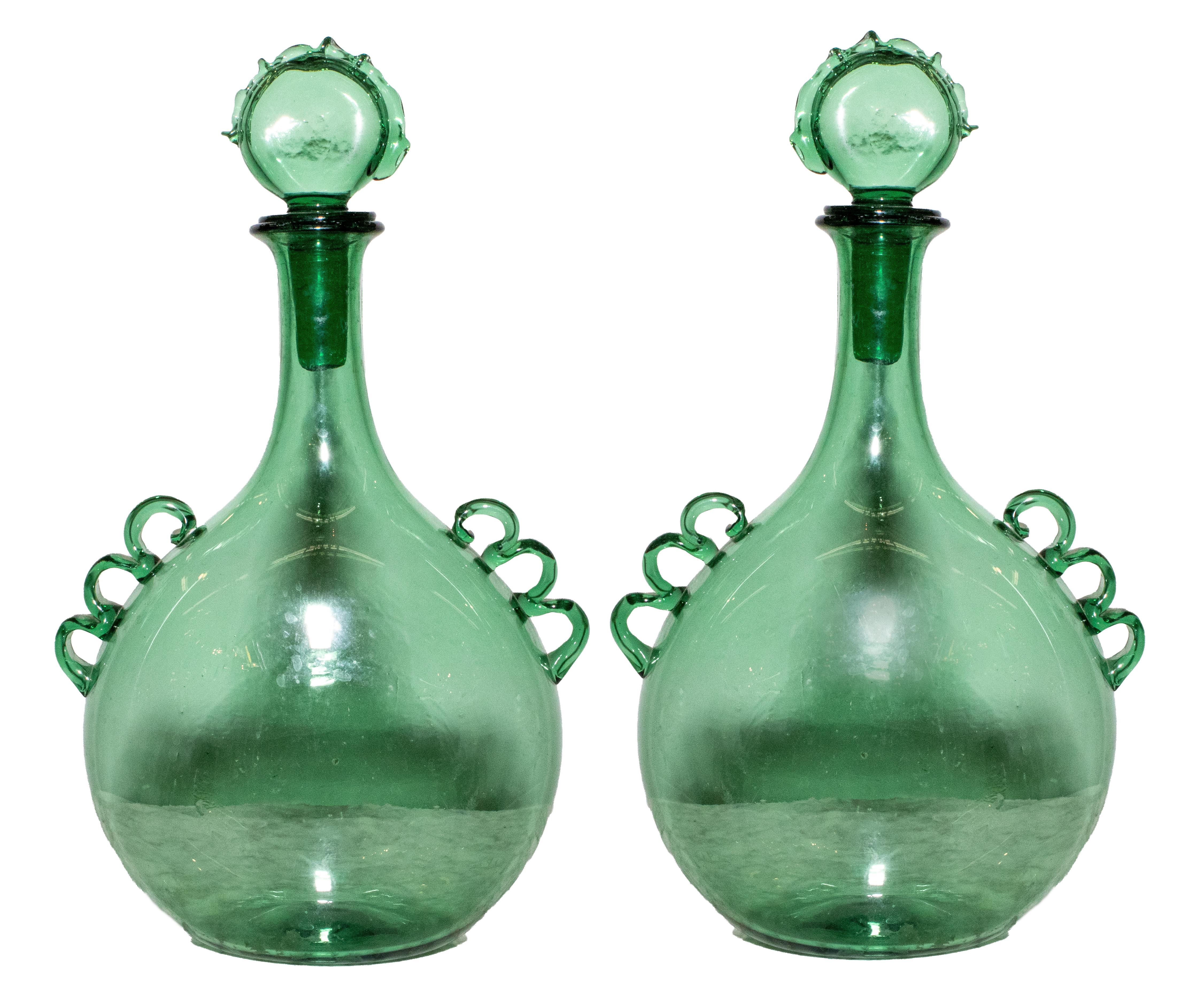 France Art Glass Vintage Barware Green Glass Pitcher and 3 Blown Glass Glasses Marked BIOT