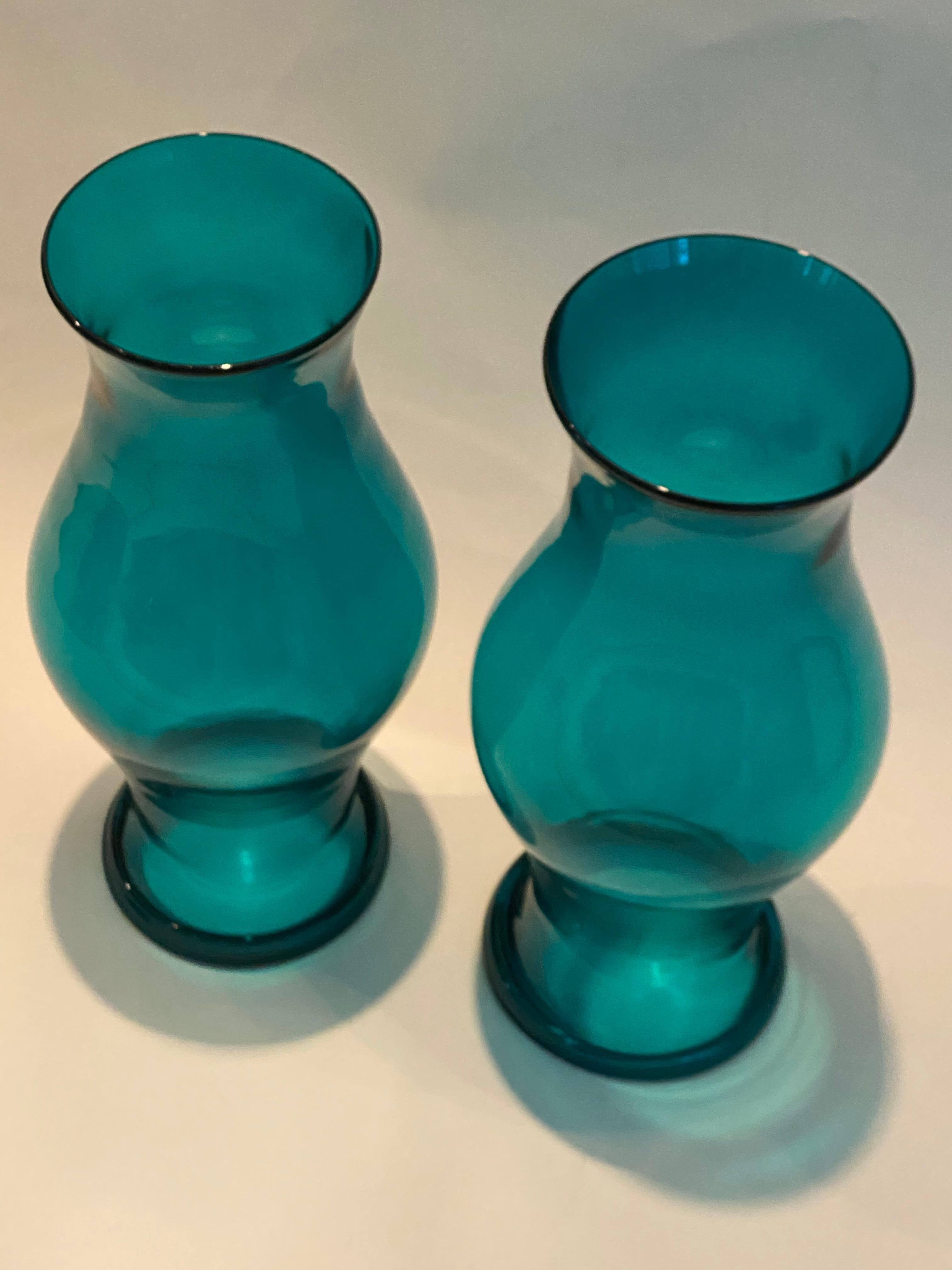Pair of Blenko Royal Leerdam Blue Green Baluster Form Hurricane Shades In Excellent Condition In Kensington, MD