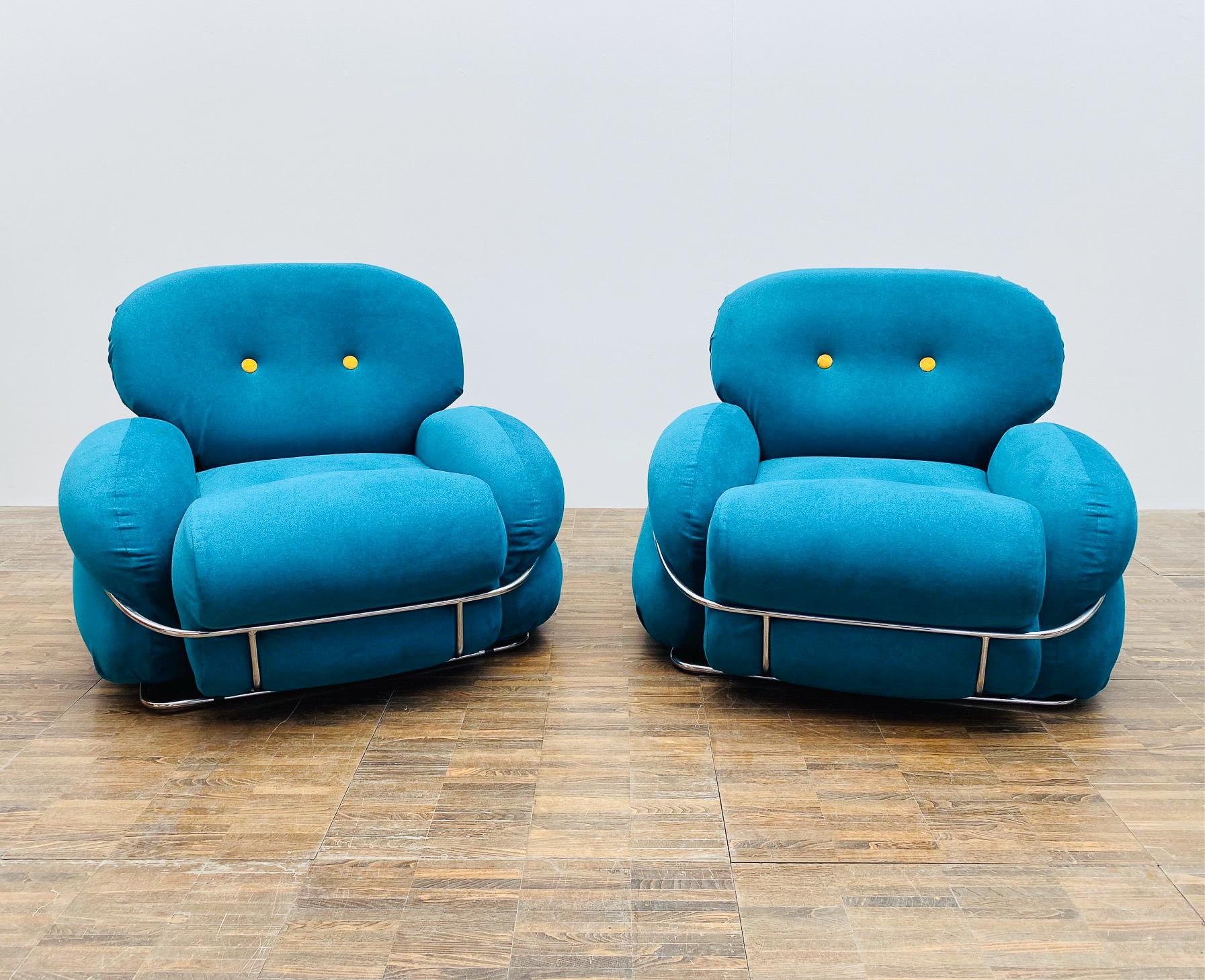 Pair of bleu and yellow armchairs in the style of Sesann, Italy, 1960s 
New Upholstery.