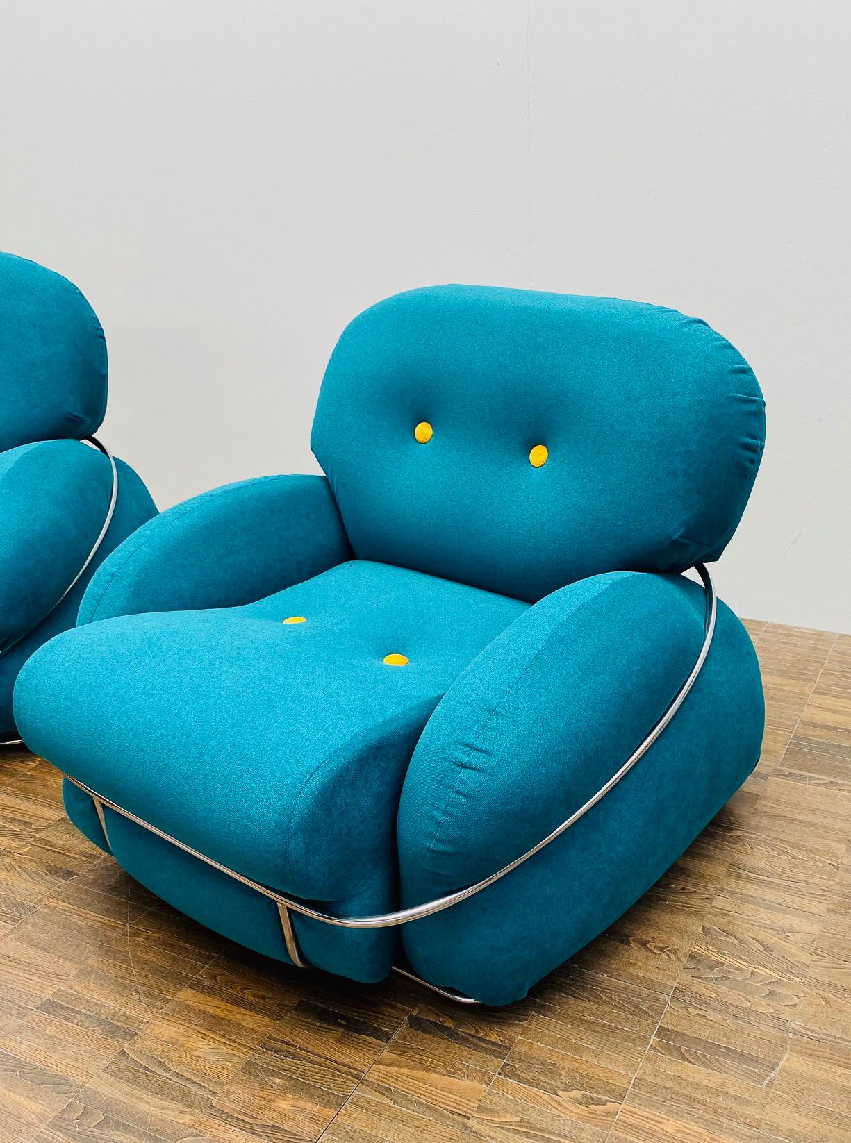 Italian Pair of Bleu and Yellow Armchairs in the Style of Sesann, Italy, 1960s For Sale
