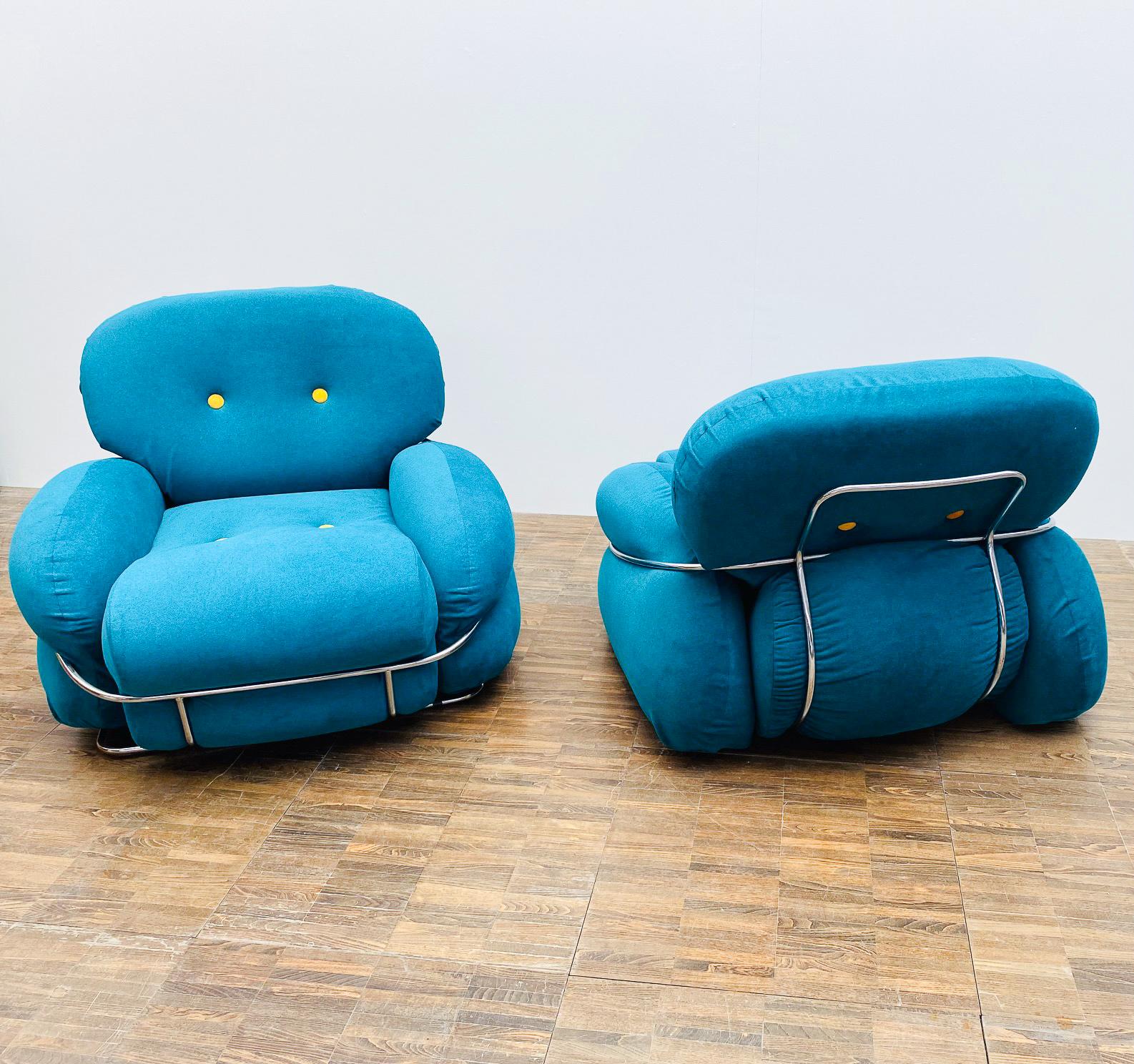 Fabric Pair of Bleu and Yellow Armchairs in the Style of Sesann, Italy, 1960s For Sale