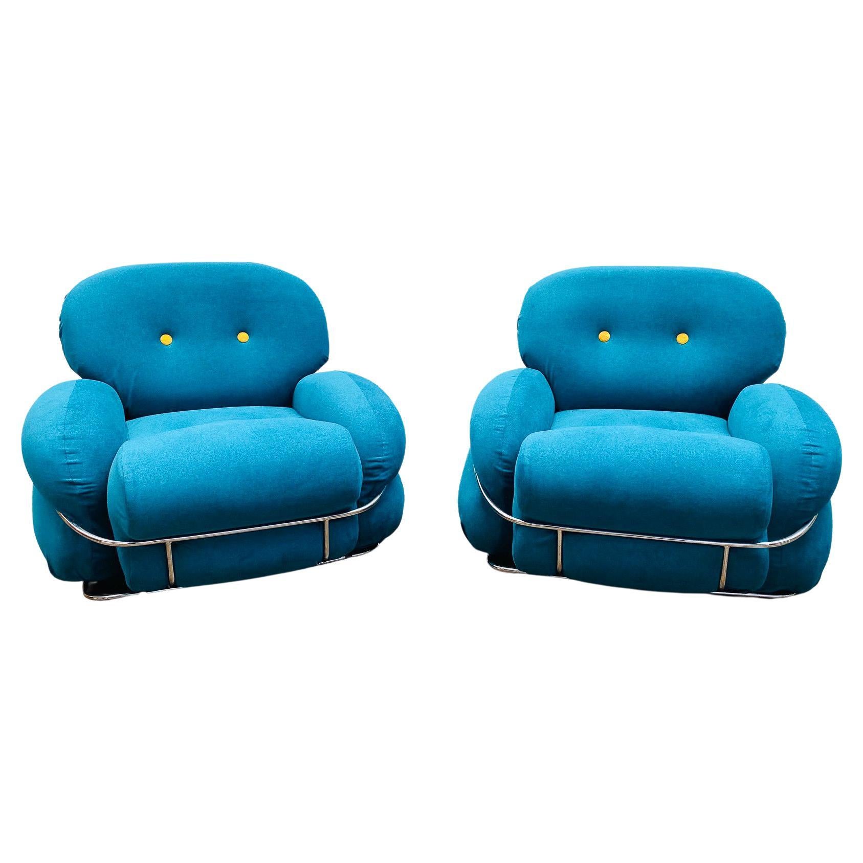 Pair of Bleu and Yellow Armchairs in the Style of Sesann, Italy, 1960s For Sale