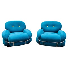 Vintage Pair of Bleu and Yellow Armchairs in the Style of Sesann, Italy, 1960s