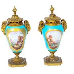 Pair of Bleu Celeste Sevres Porcelain Gilt Bronze Lidded Urns, 19th Century
