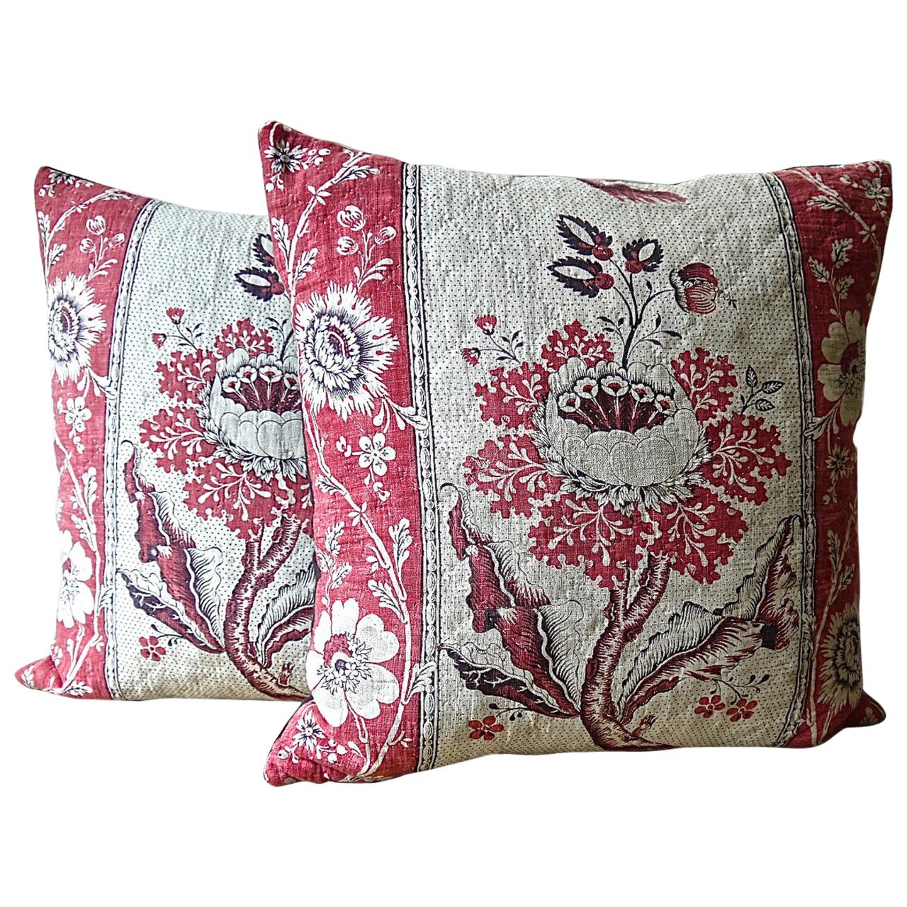Pair of Blockprinted Stylised Flower Pillows, French, 18th Century For Sale