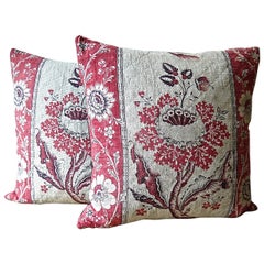 Pair of Blockprinted Stylised Flower Pillows, French, 18th Century