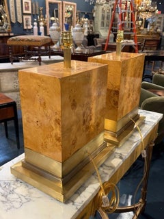 Pair of Blond Burl and Brass Lamps