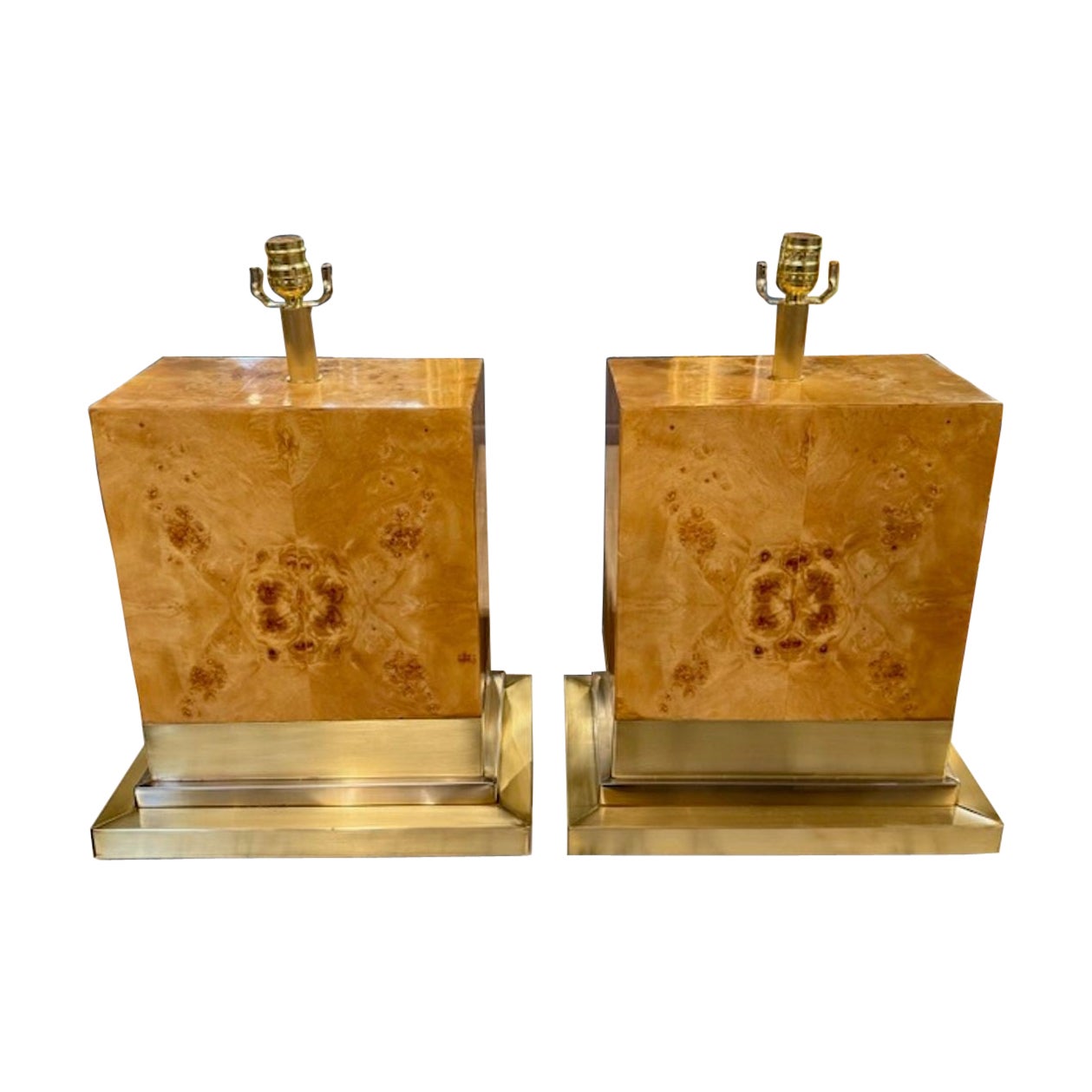 Pair of Blond Burl and Brass Lamps For Sale