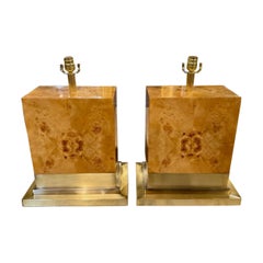 Pair of Blond Burl and Brass Lamps