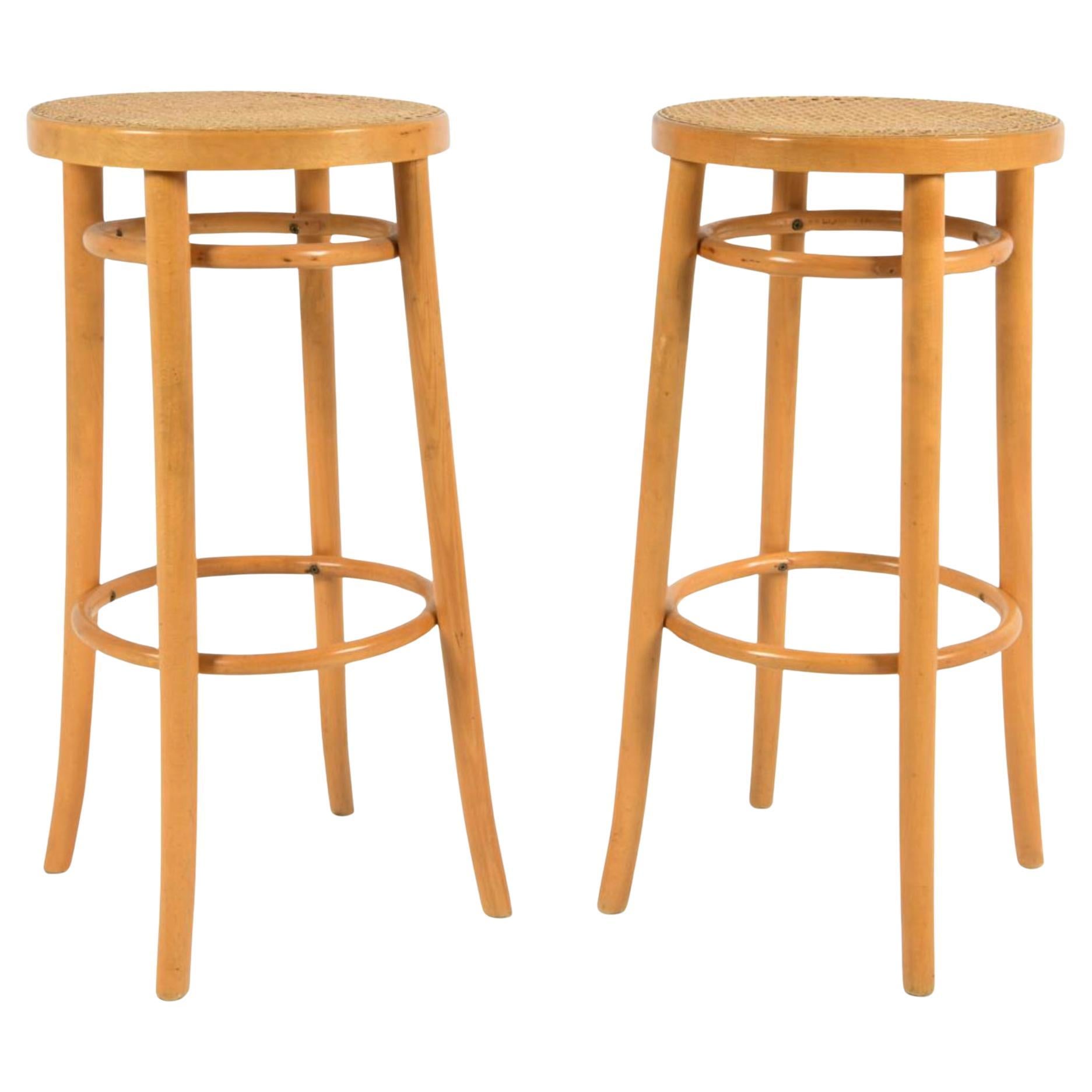 Pair of Blonde Birch woven Cane seat Bar Height Stools by Thonet