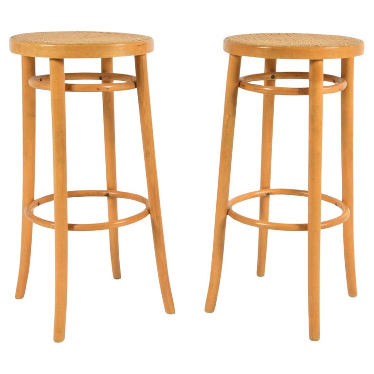 Thonet 1950 Bar Stools Pair Of Blonde Birch Woven Cane Seat Bar