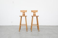 Pair of Blonde Oak Brutalist T-Back Bar Stools