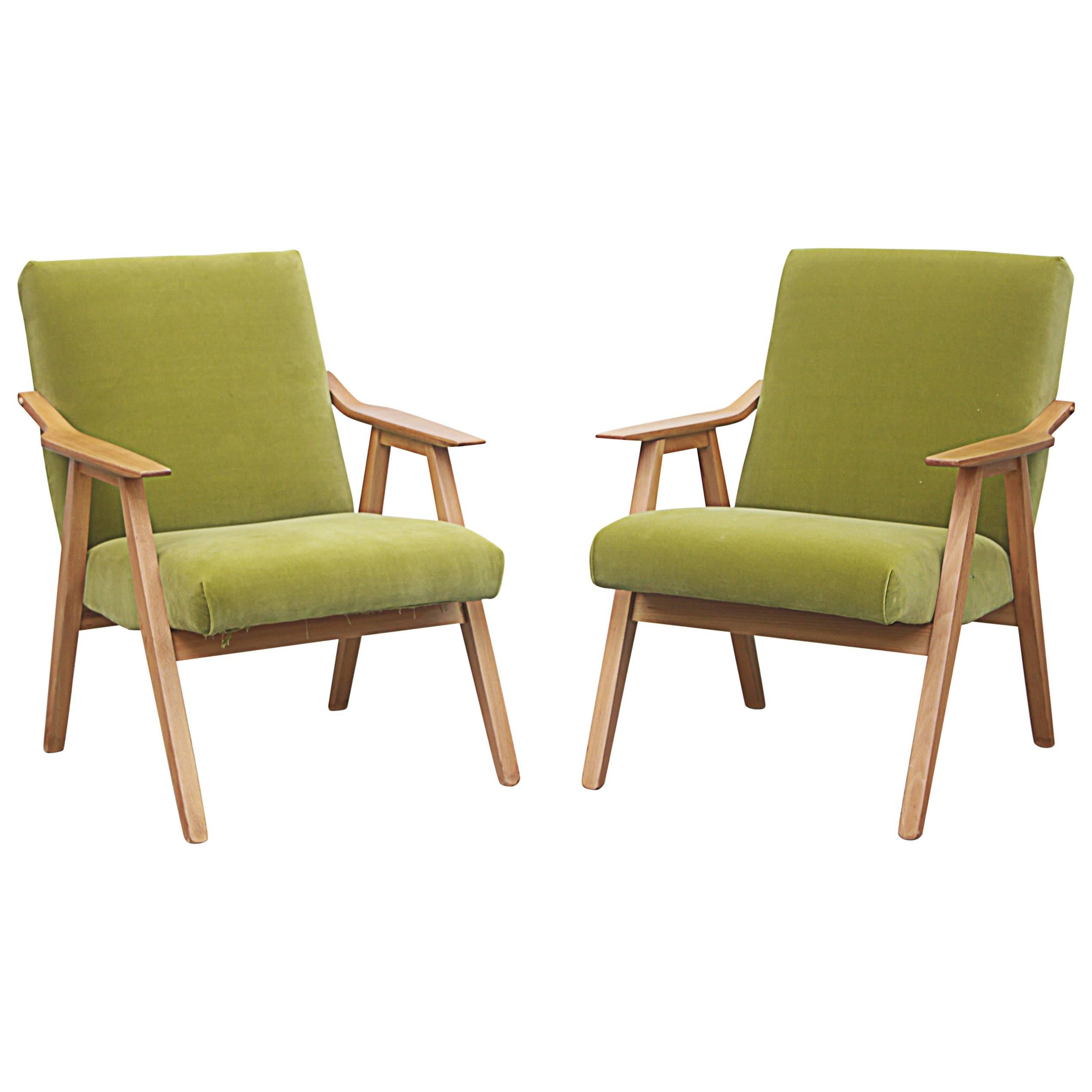 Pair of Blonde Lounge Chairs in Kiwi Velvet
