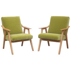Vintage Pair of Blonde Lounge Chairs in Kiwi Velvet