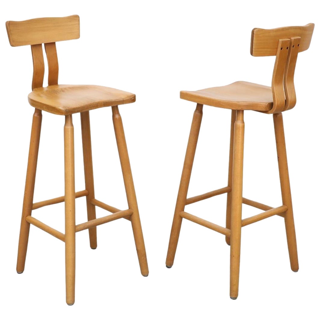 Pair of Blonde Toned Oak Brutalist T-Back Bar Stools