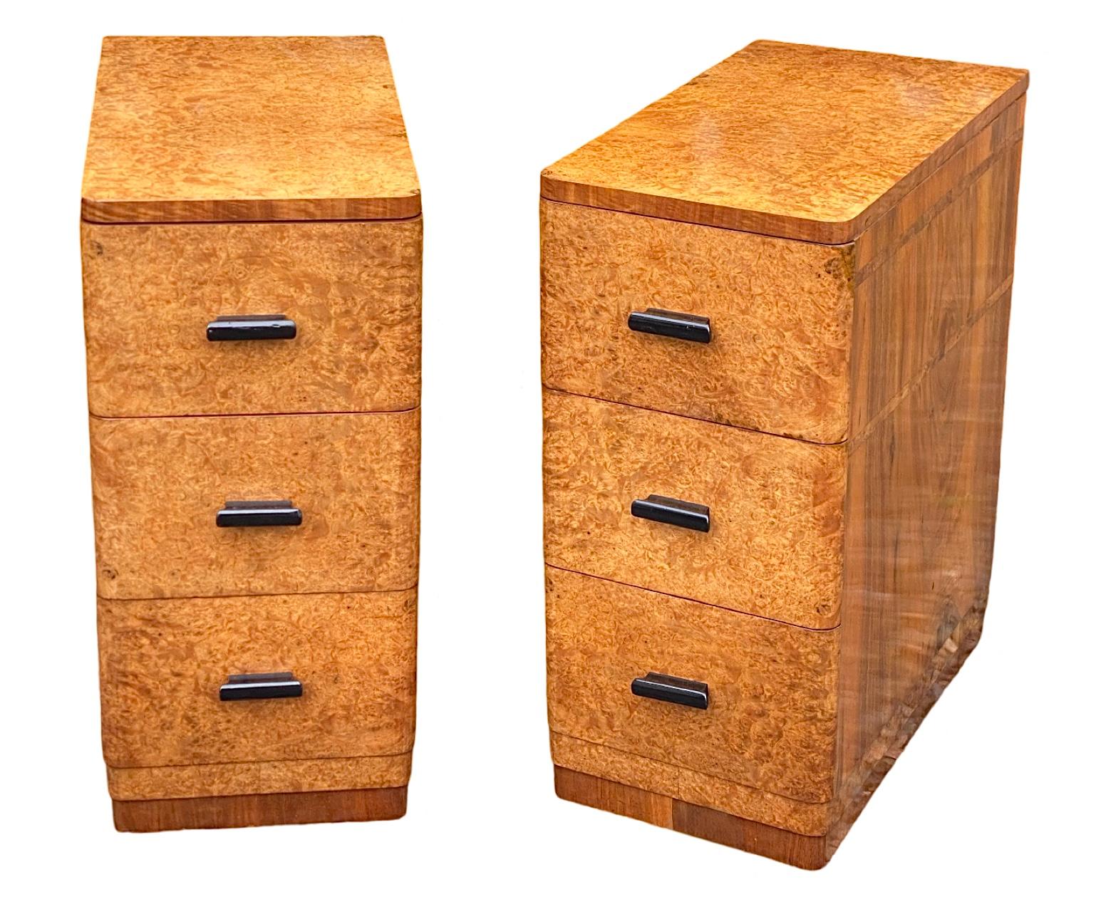 Beautiful pair of Blonde Burr Walnut round shouldered Bedside cabinets. Raised on a stepped plinth these gorgeous bedside cabinets date to 1930 and boast the most fabulous burr walnut veneers to the drawer fronts and the tops. The sides are figured