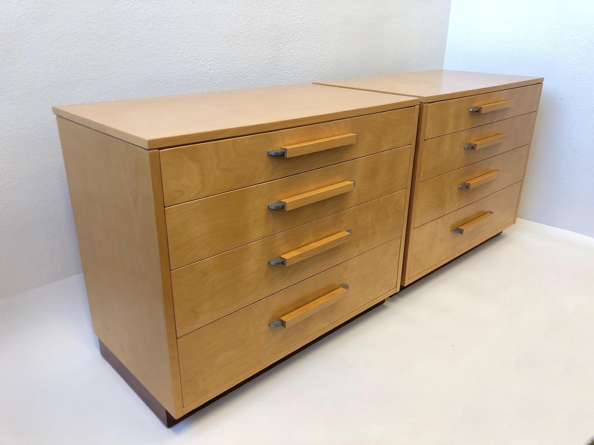 A beautiful pair of blonde wood four drawer dressers designed by Architect Eliel Saarinen in the 1930s for Johnson Furniture Company. This are in beautiful condition, considering their age. They can be separated or pushed together.
Measurements: