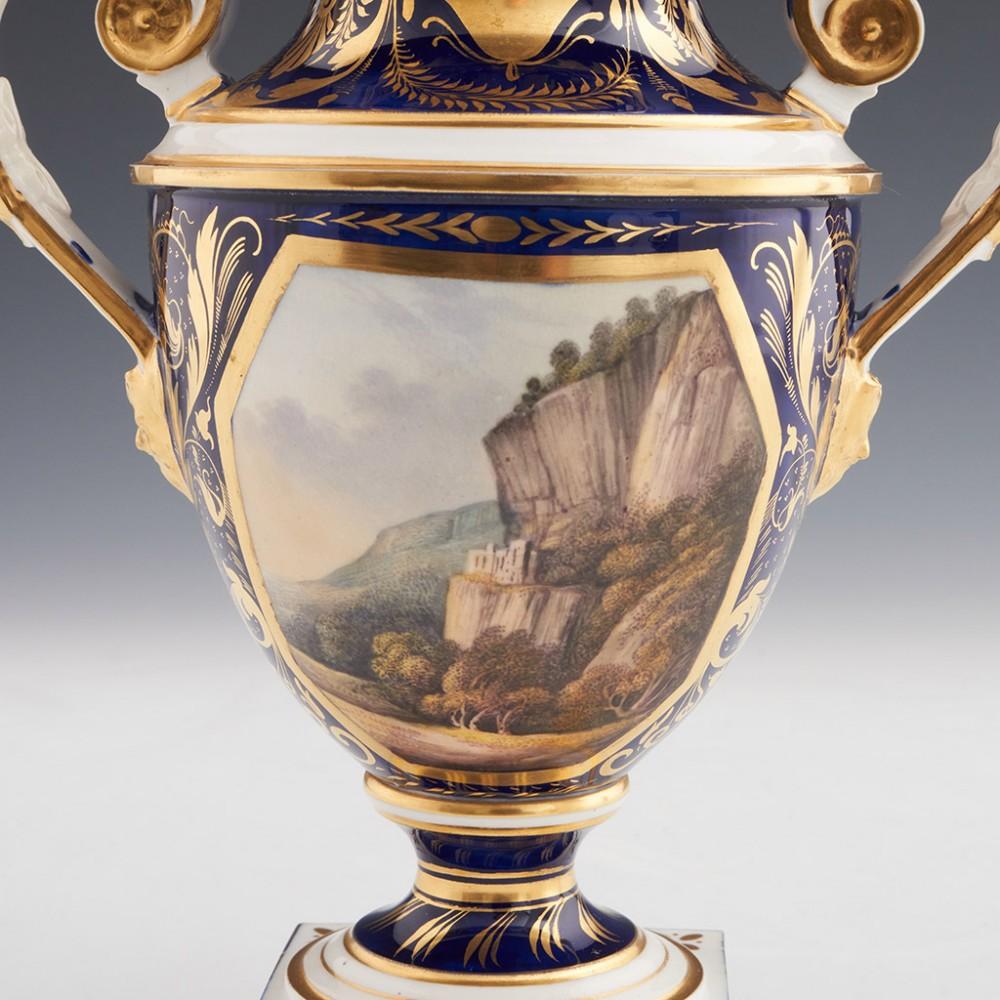British Derby Porcelain Twin Handled Urn Vases c1830