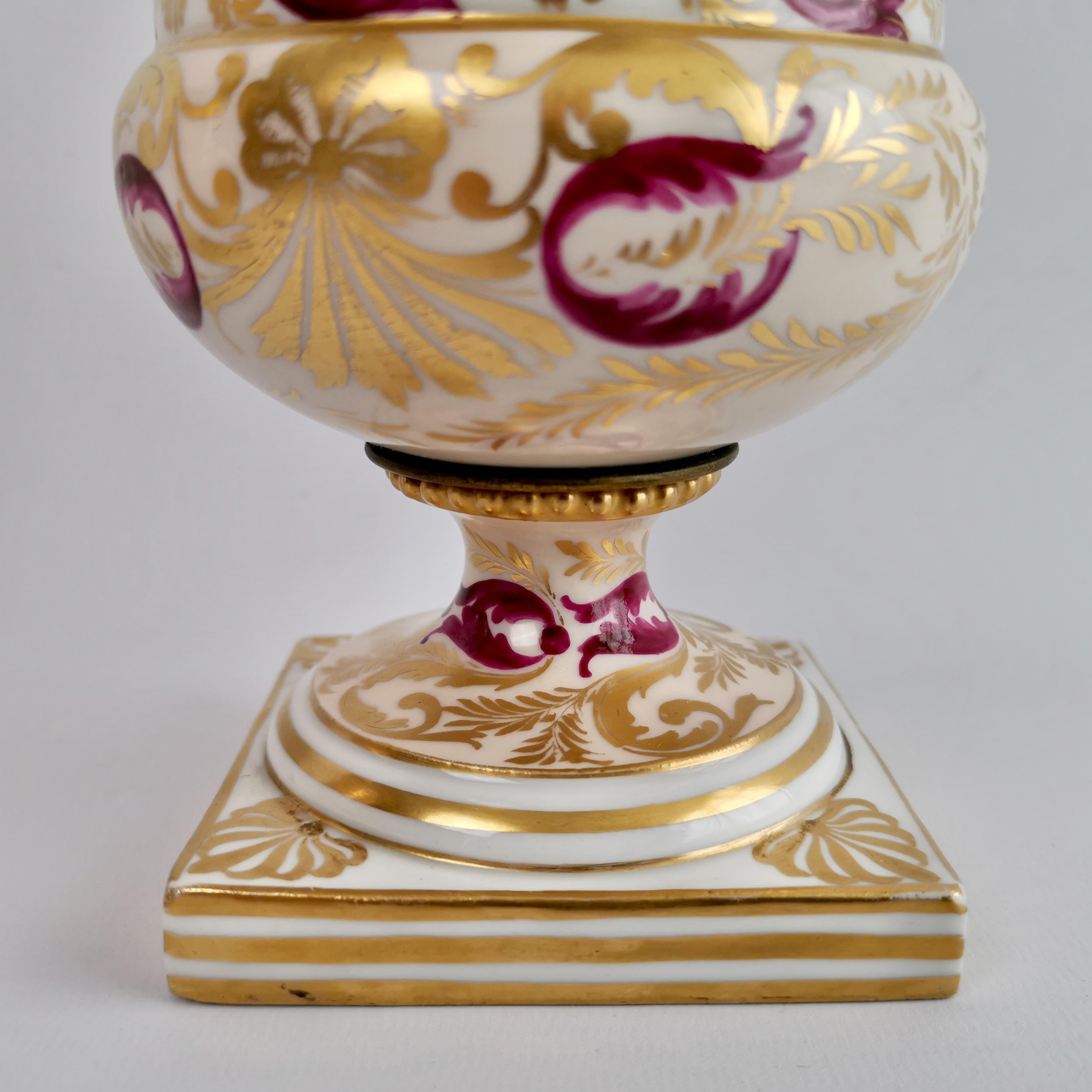 Pair of Bloor Derby Porcelain Campana Vases, Polychrome Regency Pattern, ca 1815 6