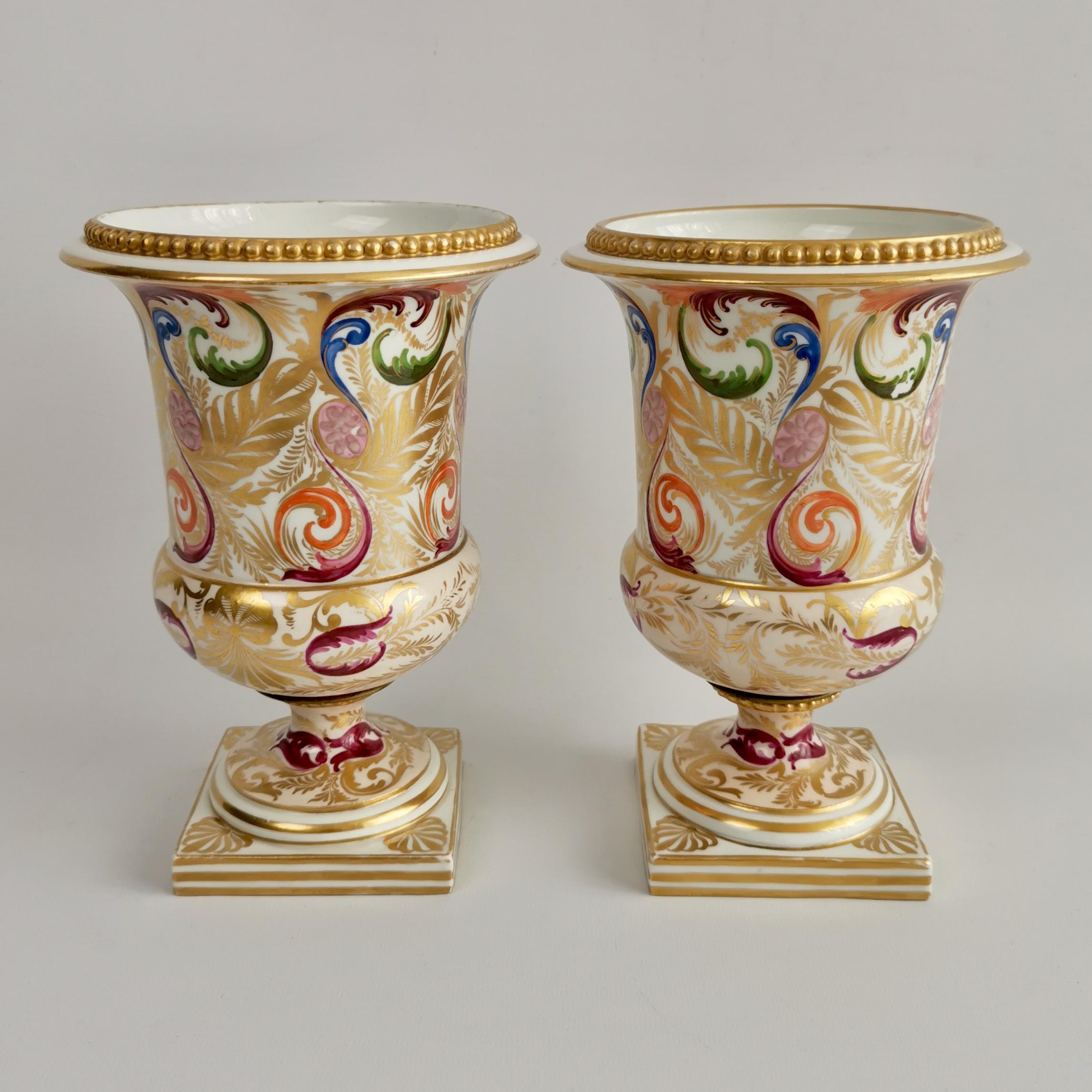 English Pair of Bloor Derby Porcelain Campana Vases, Polychrome Regency Pattern, ca 1815