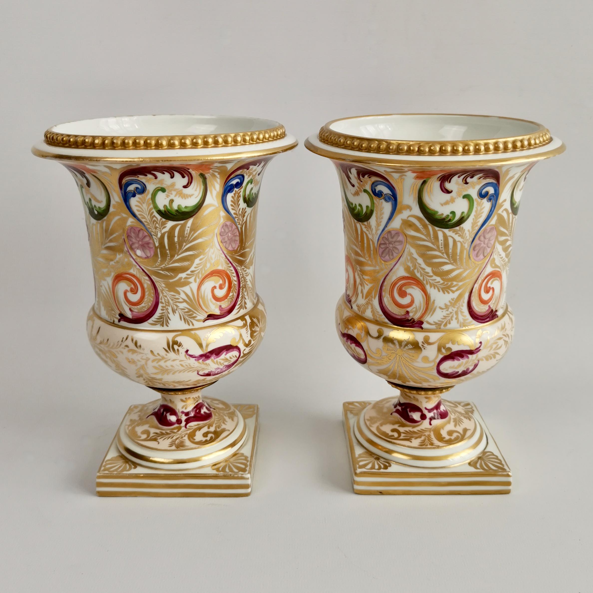 Hand-Painted Pair of Bloor Derby Porcelain Campana Vases, Polychrome Regency Pattern, ca 1815