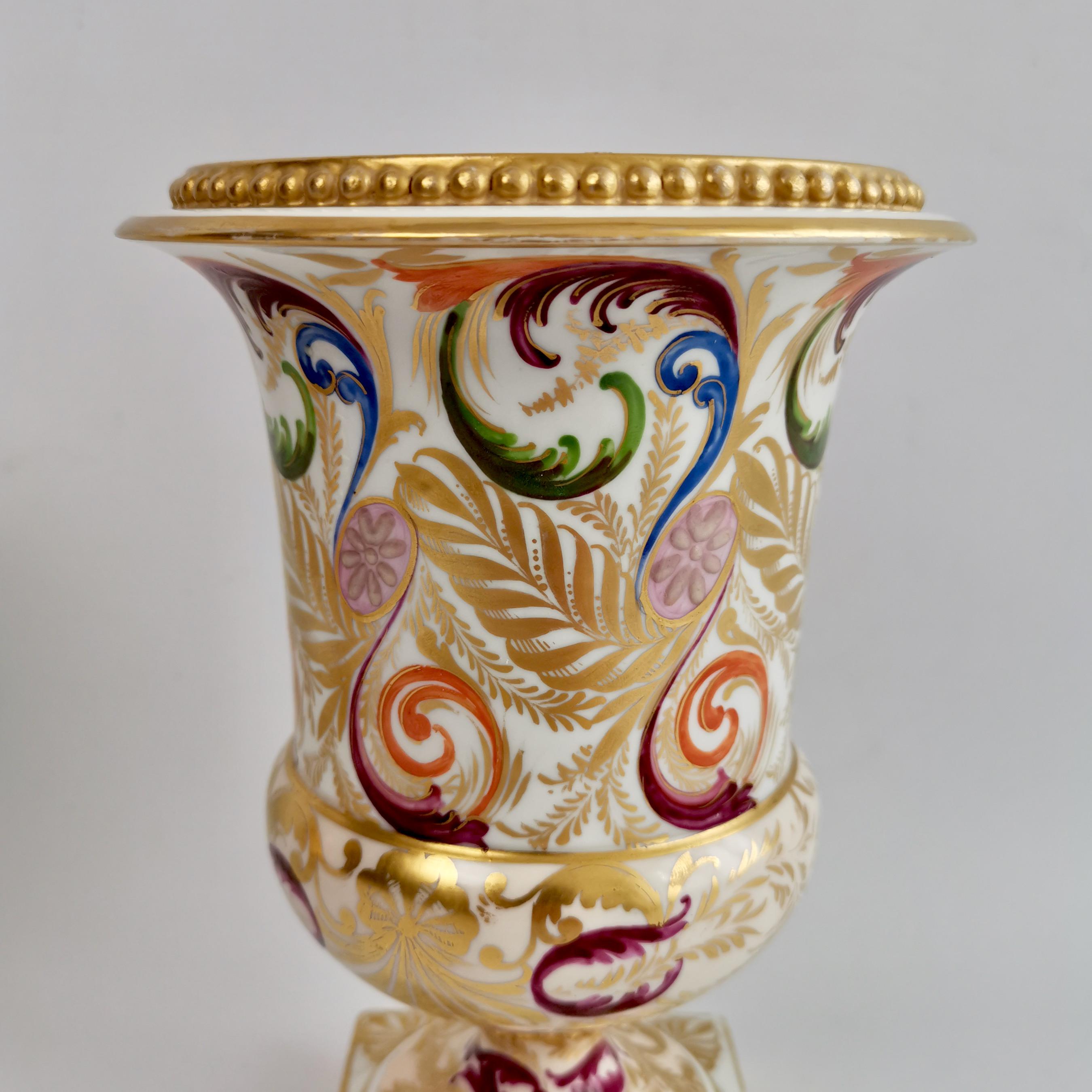 Early 19th Century Pair of Bloor Derby Porcelain Campana Vases, Polychrome Regency Pattern, ca 1815