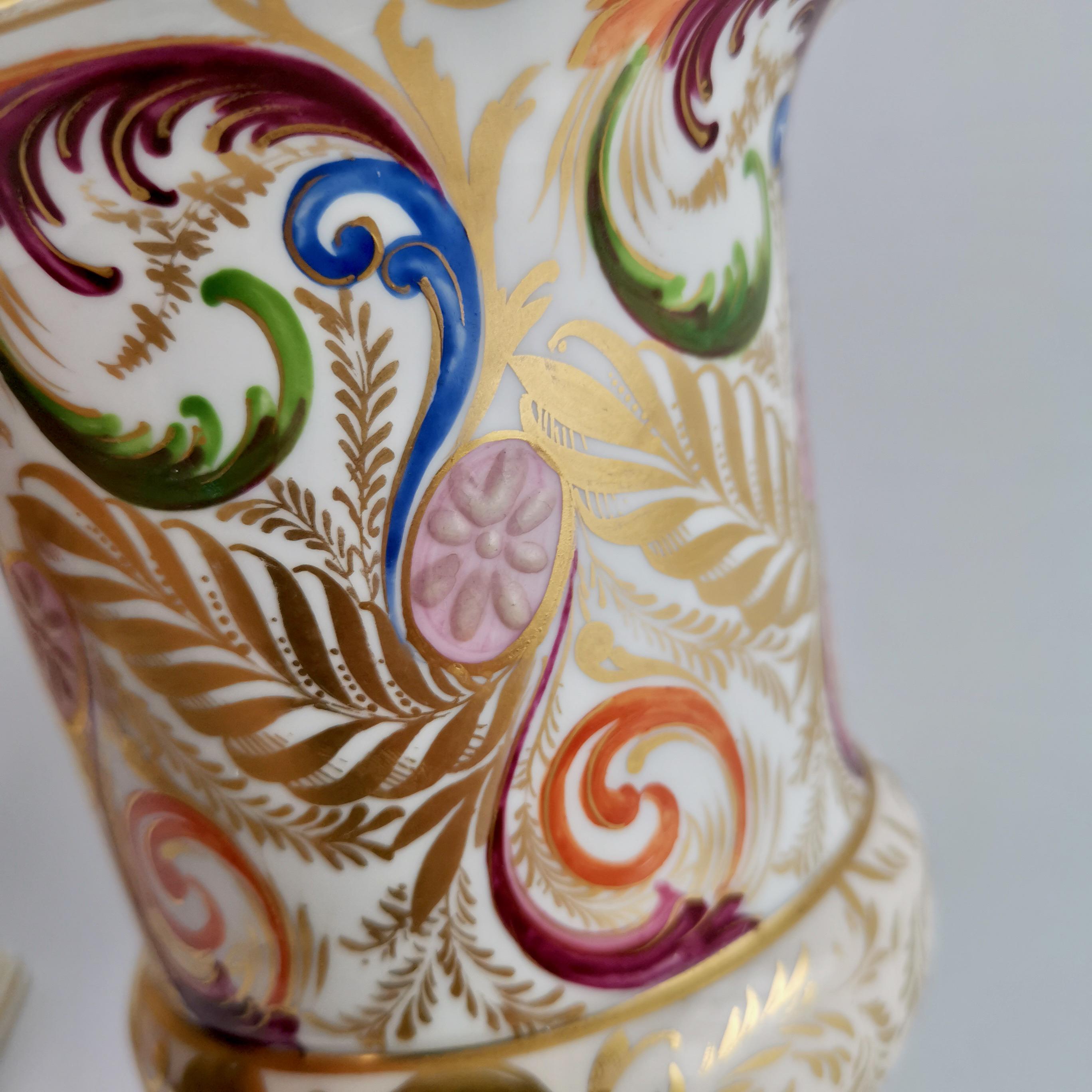 Pair of Bloor Derby Porcelain Campana Vases, Polychrome Regency Pattern, ca 1815 1