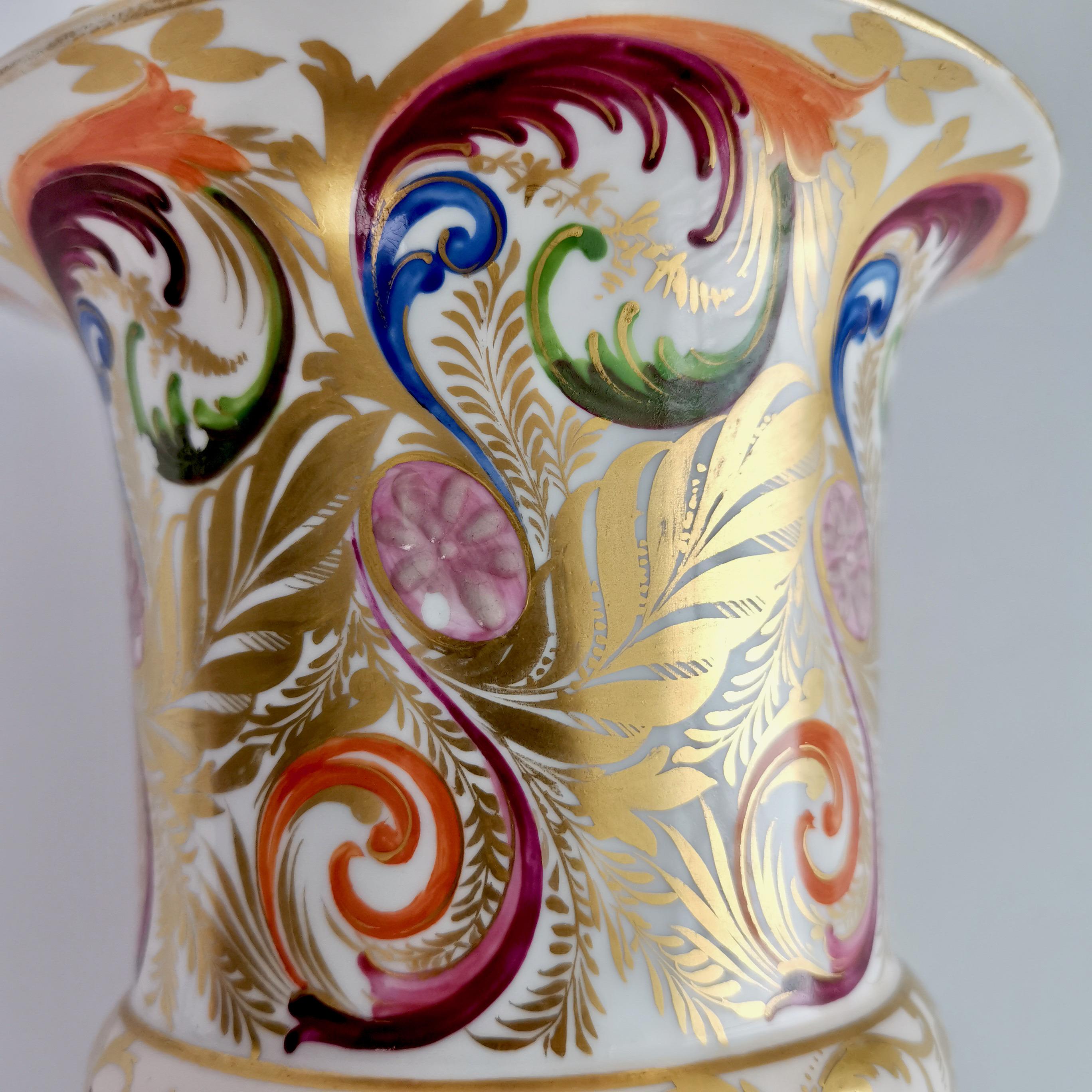 Pair of Bloor Derby Porcelain Campana Vases, Polychrome Regency Pattern, ca 1815 2