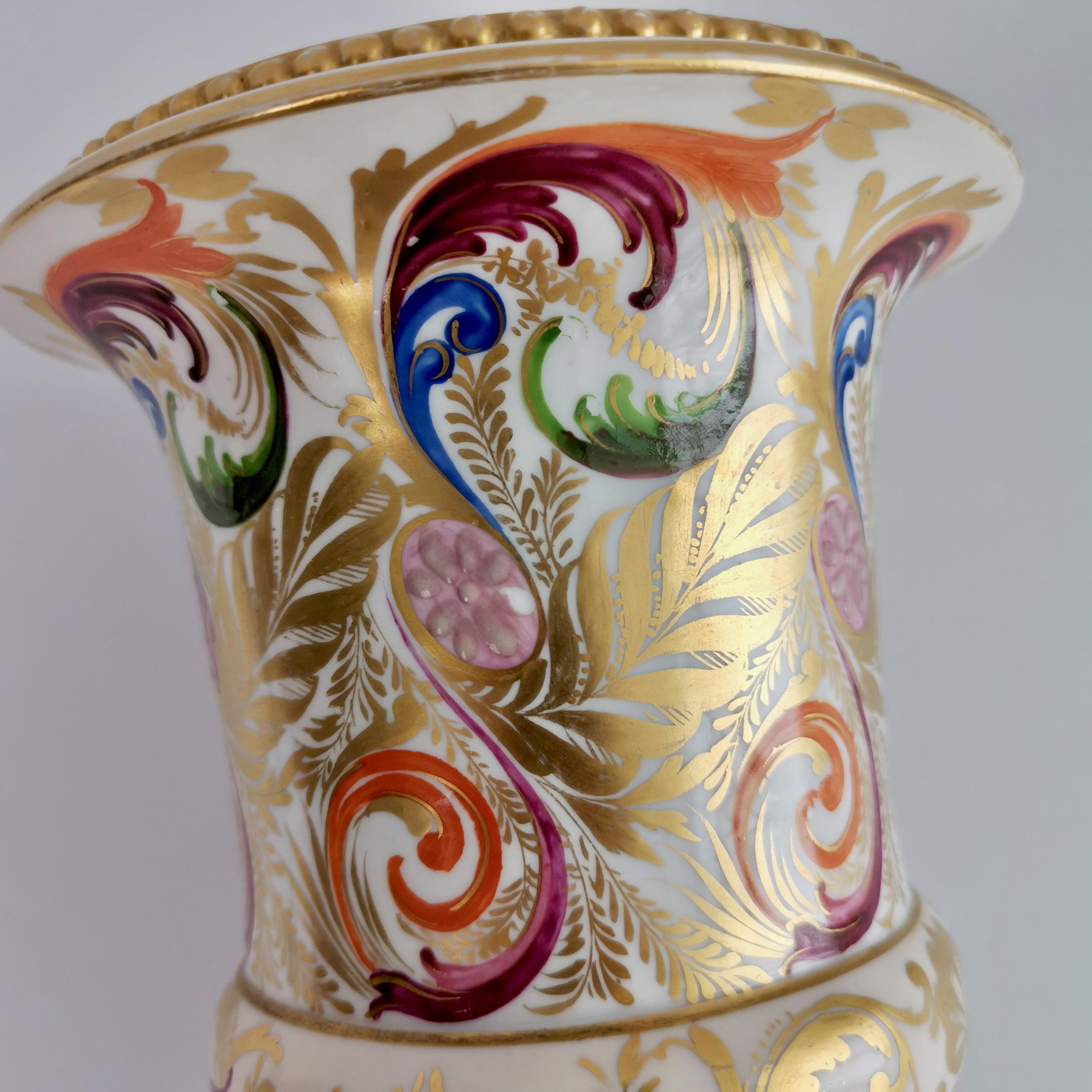Pair of Bloor Derby Porcelain Campana Vases, Polychrome Regency Pattern, ca 1815 3