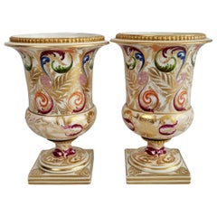 Pair of Bloor Derby Porcelain Campana Vases, Polychrome Regency Pattern, ca 1815
