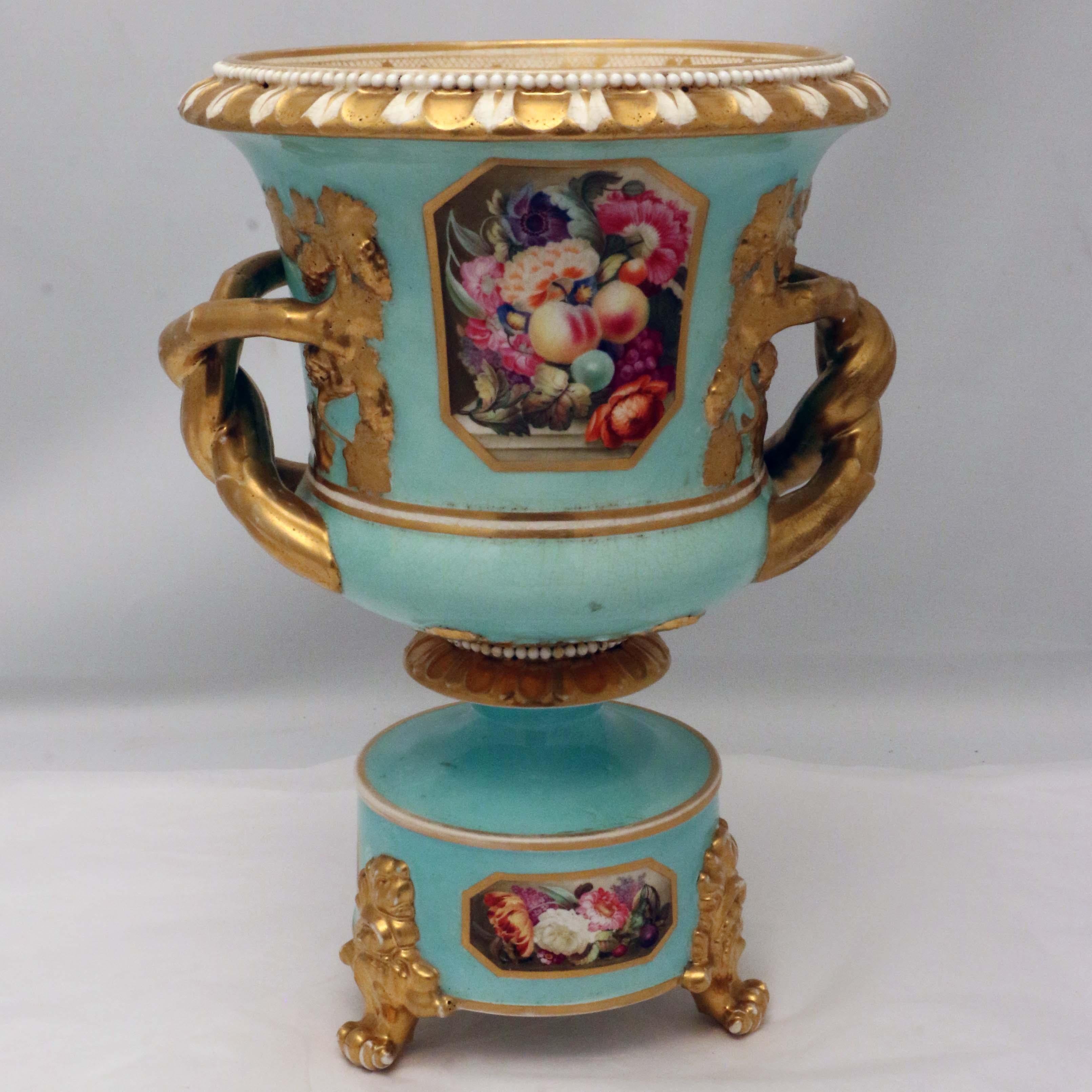Mid-19th Century Pair of Bloor Derby Urns, Painted with Flowers on a Pale Blue Ground For Sale
