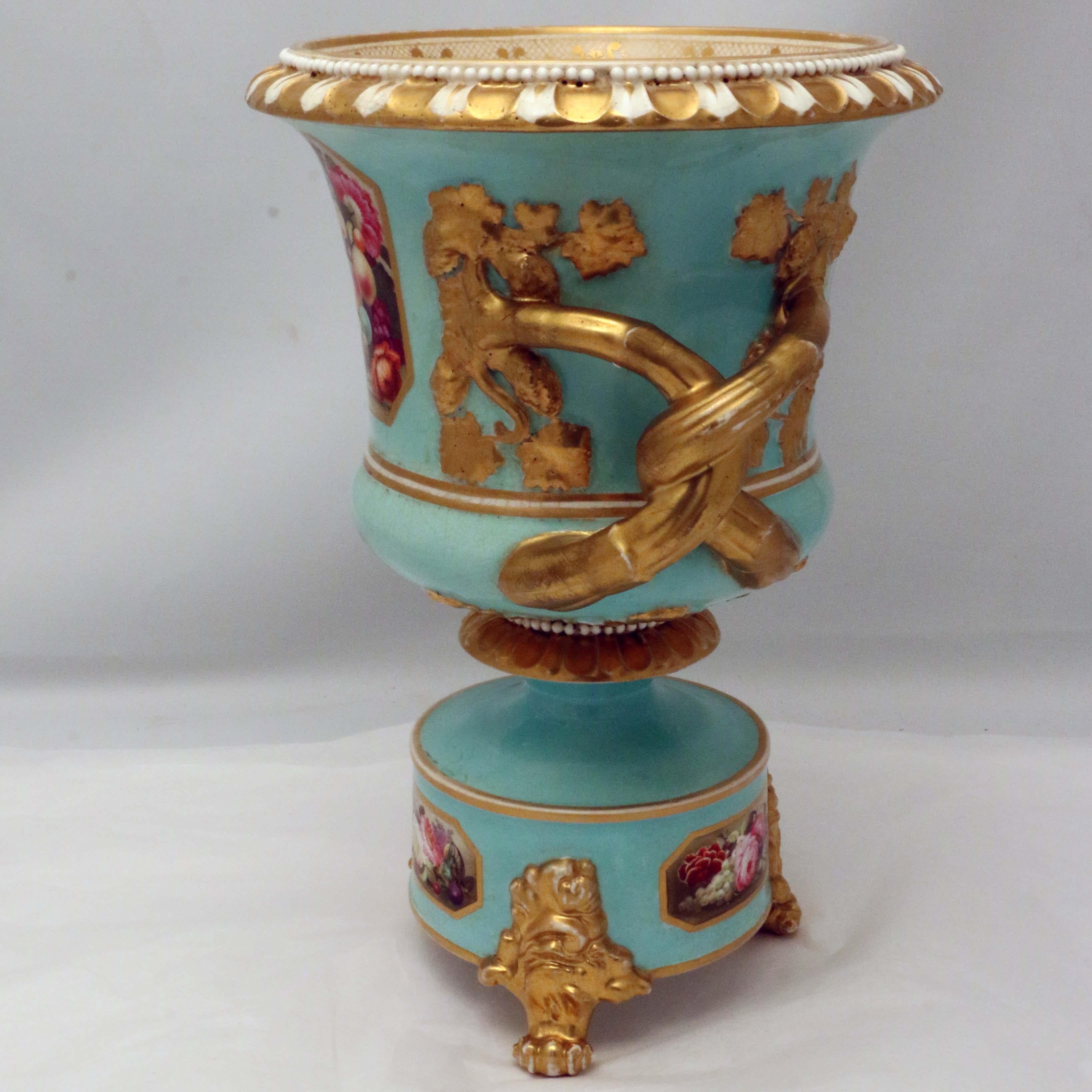 Porcelain Pair of Bloor Derby Urns, Painted with Flowers on a Pale Blue Ground For Sale