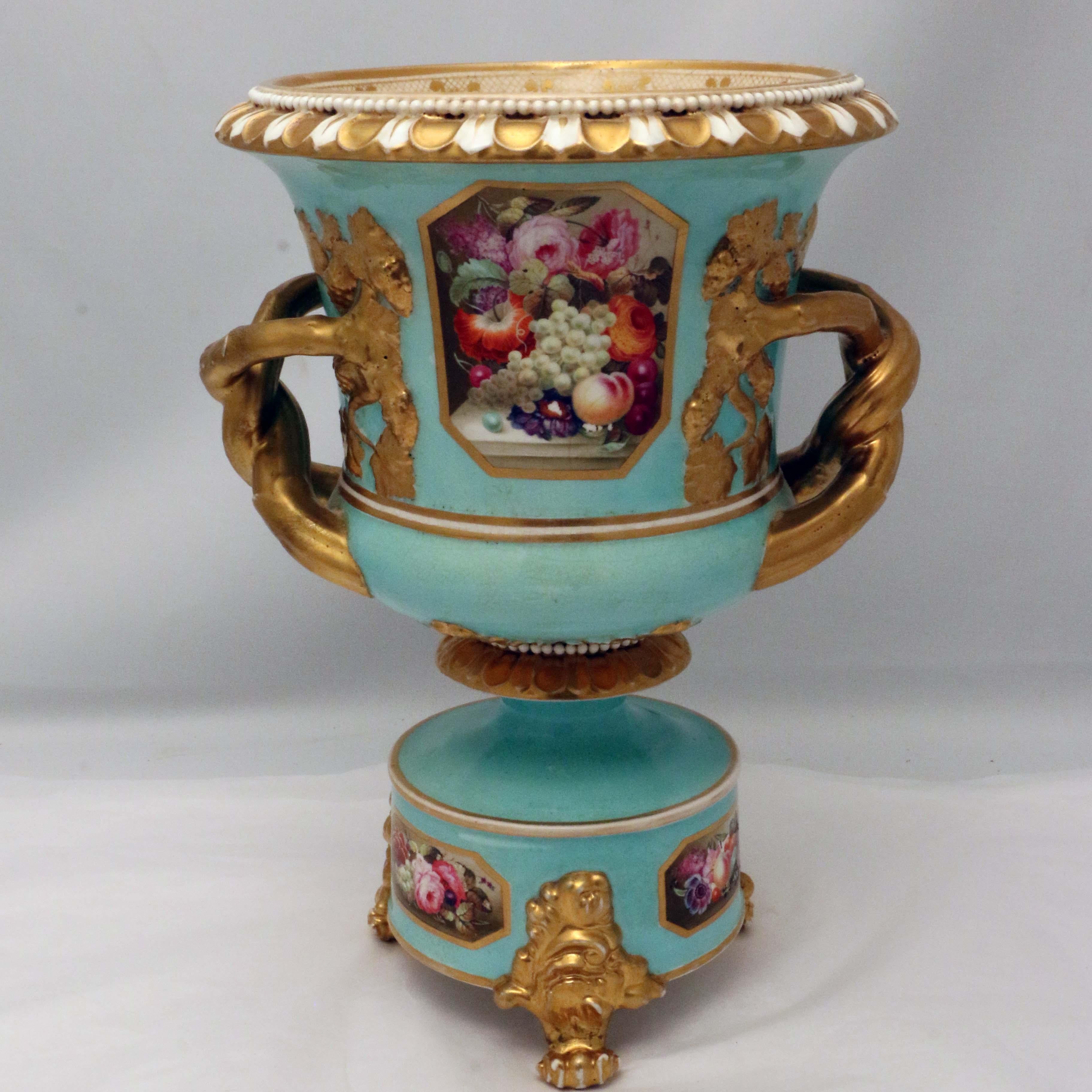 Pair of Bloor Derby Urns, Painted with Flowers on a Pale Blue Ground For Sale 2