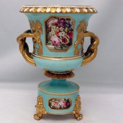 Pair of Bloor Derby Urns, Painted with Flowers on a Pale Blue Ground