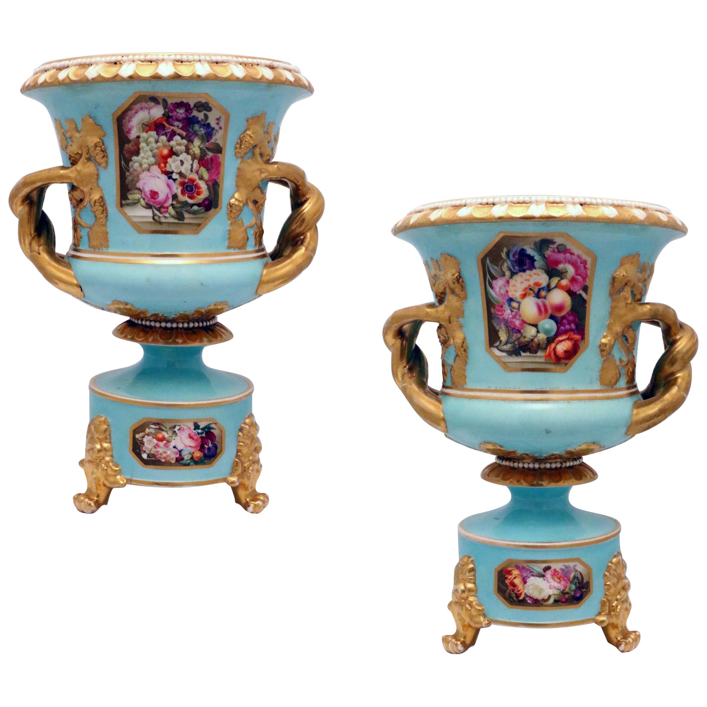 Pair of Bloor Derby Urns, Painted with Flowers on a Pale Blue Ground For Sale