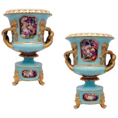 Pair of Bloor Derby Urns, Painted with Flowers on a Pale Blue Ground