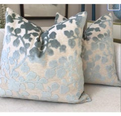 Pair of Blossom in Mist Raised Linen Velvet Floral Pillows