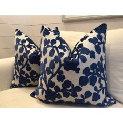Pair of Blossom in Sapphire Raised Linen Velvet Floral Pillows