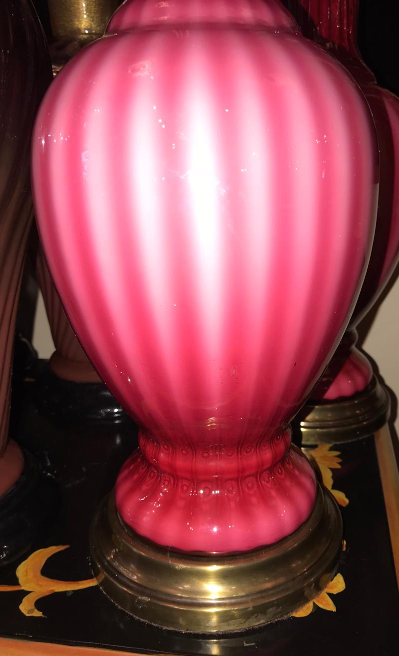 Pair of Blow Glass Pink Murano Lamps In Good Condition For Sale In New York, NY