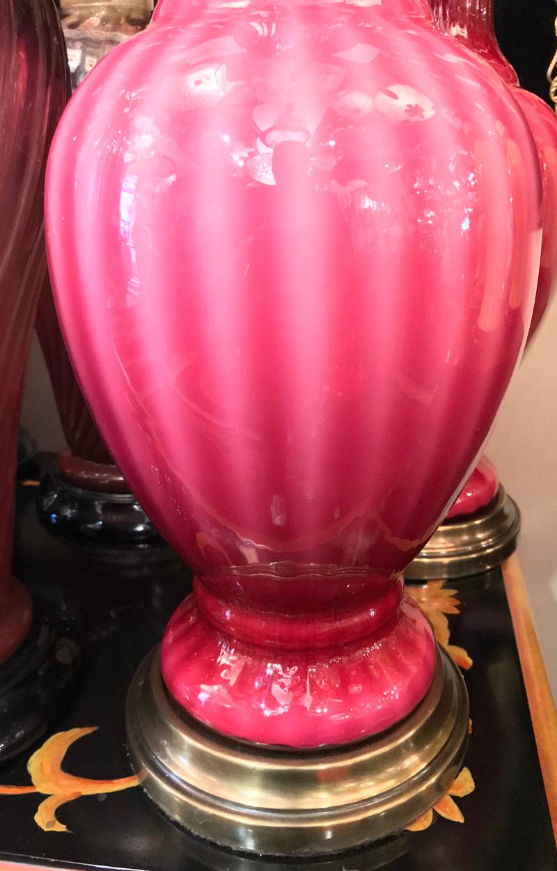 Mid-20th Century Pair of Blow Glass Pink Murano Lamps For Sale