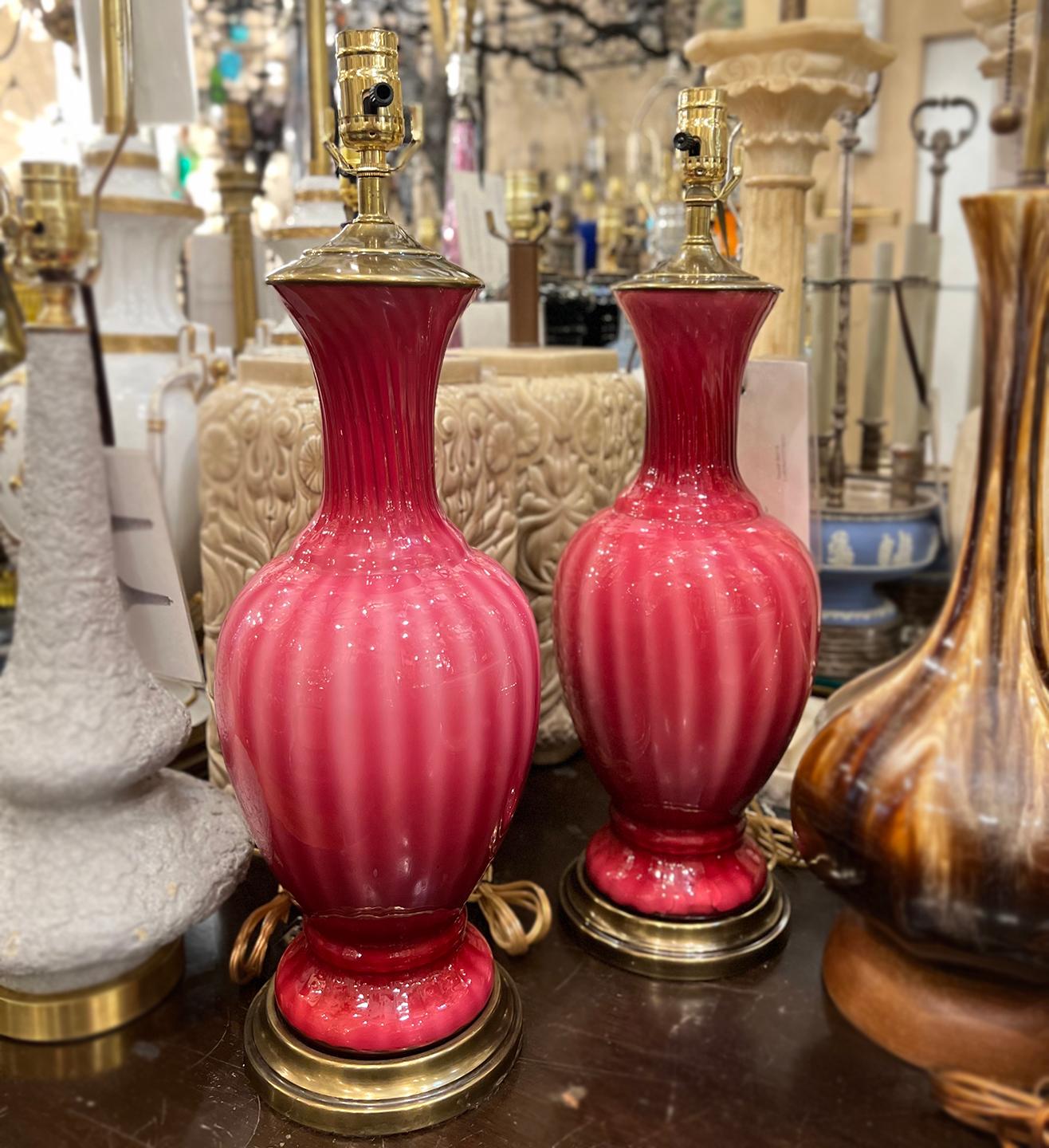 Murano Glass Pair of Blow Glass Pink Murano Lamps For Sale