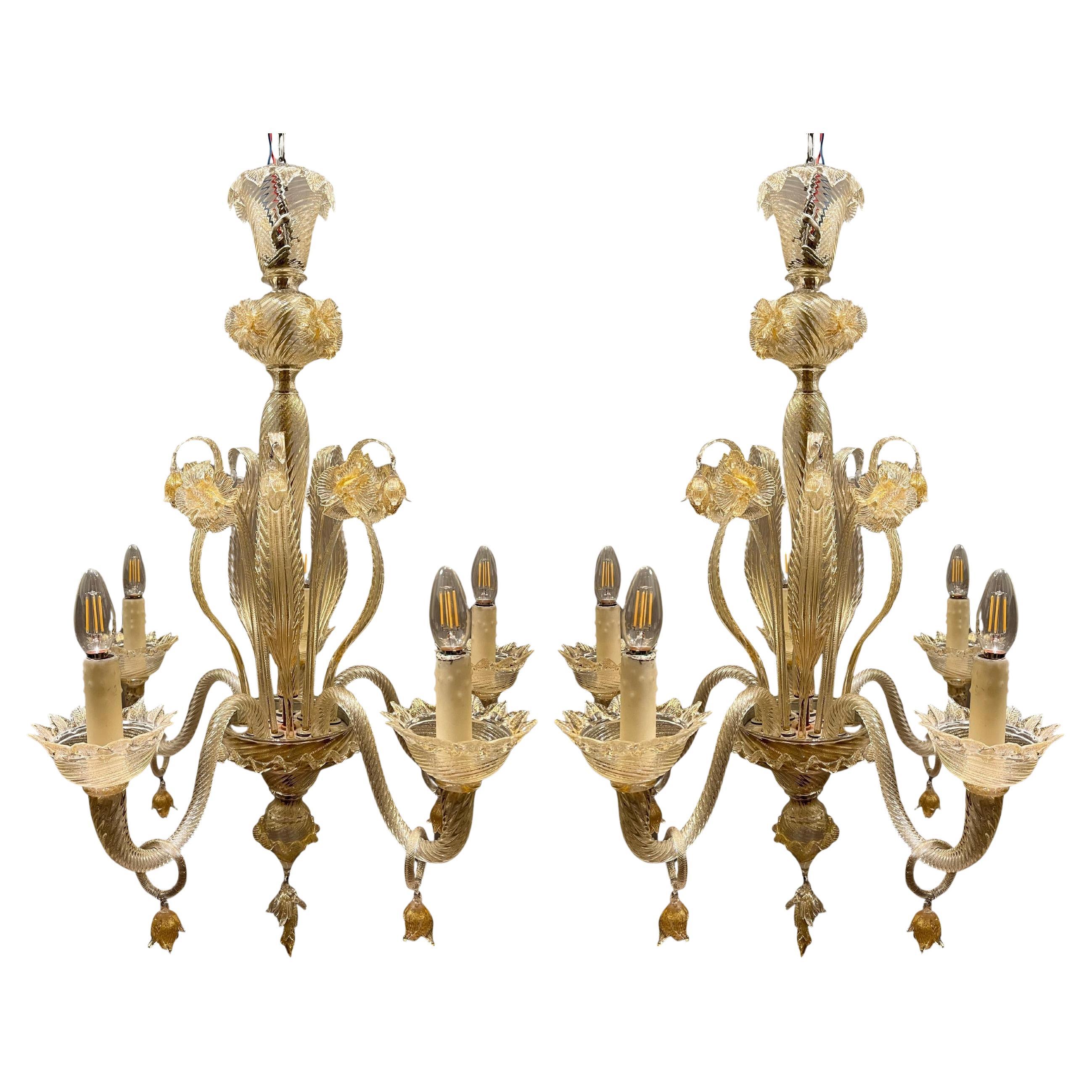 Pair of blown glass chandeliers, Murano, Italy, circa 1970 For Sale