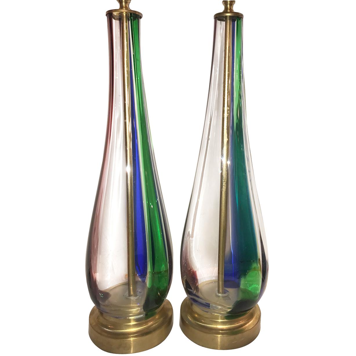 italien Paire de lampes de bureau en verre de Murano soufflé en vente