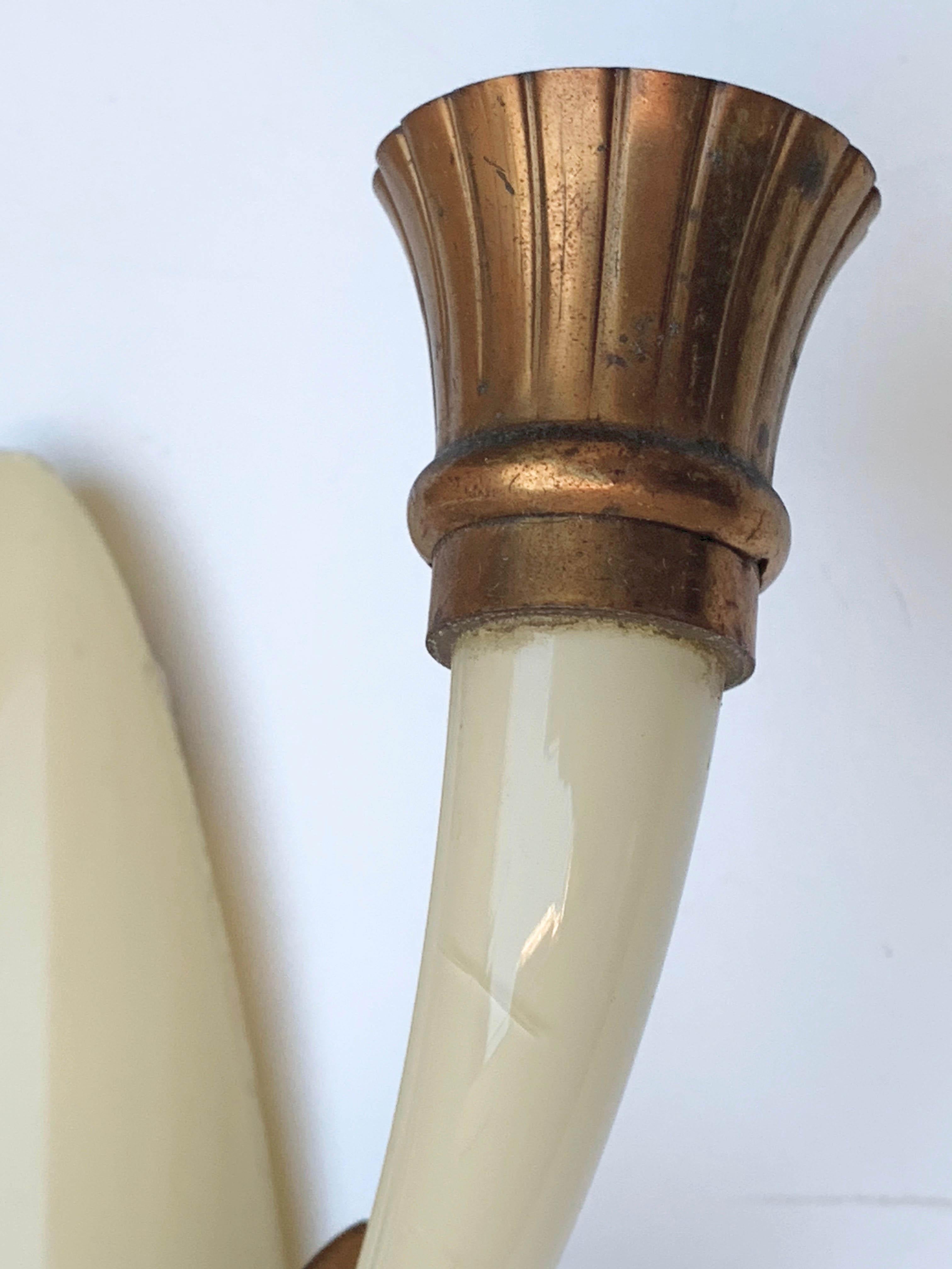 Pair of Blown Ivory White Murano Glass and Coppered Brass Italian Sconces, 1940s For Sale 9