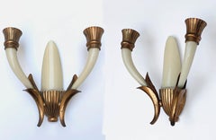 Pair of Blown Ivory White Murano Glass and Coppered Brass Italian Sconces, 1940s