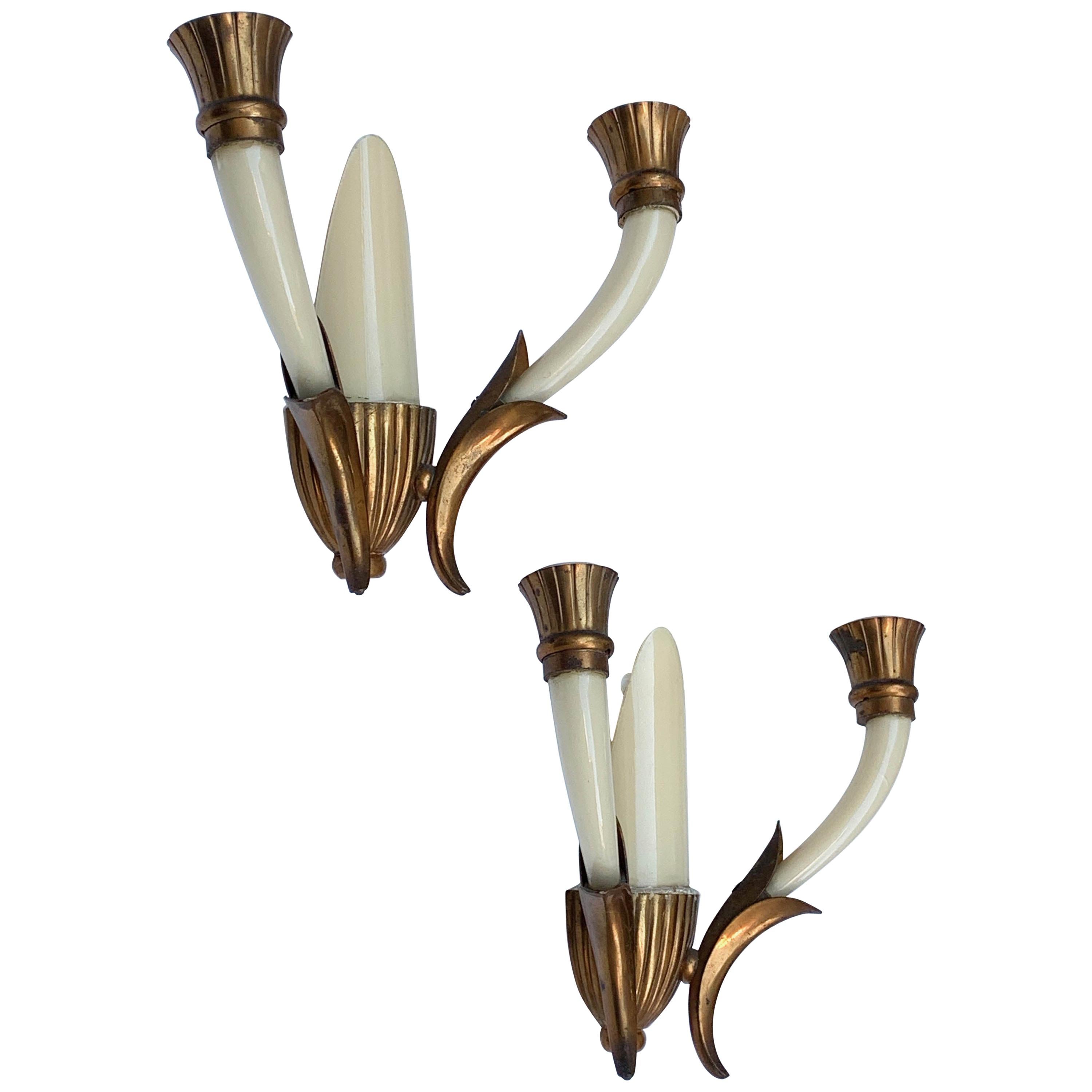Pair of Blown Ivory White Murano Glass and Coppered Brass Italian Sconces, 1940s