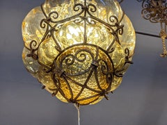 Pair of Blown Murano Glass and Wrought Iron Lamps, Early 20th Century