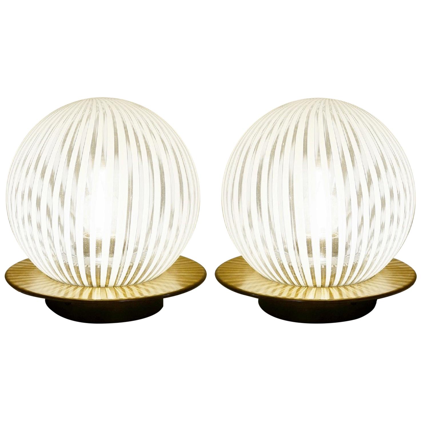 Pair of Blown Murano Glass Globe Venini Table Lamps