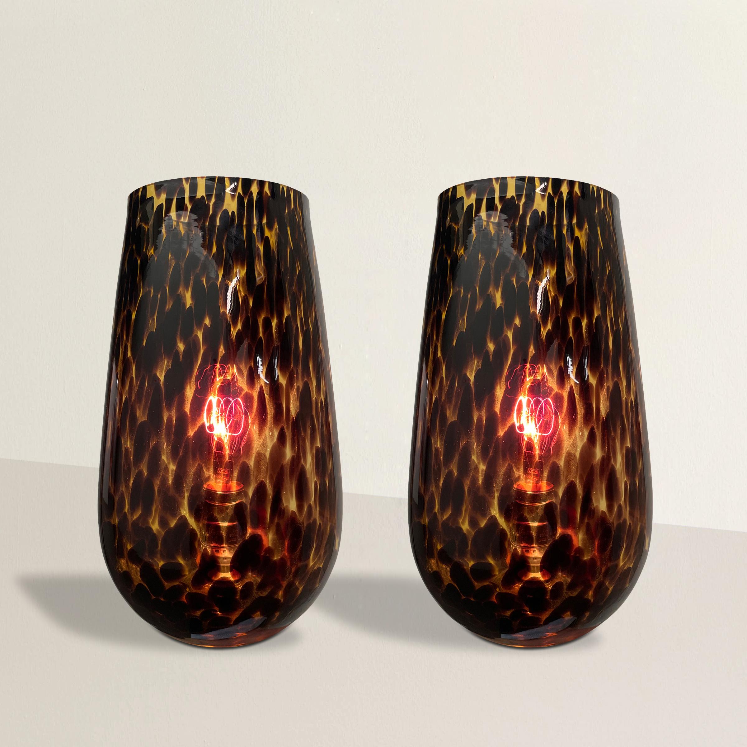 Pair of hand-blown tortoise glass table lamps of modern tear-drop form, perfect for adding a touch of modern style to a traditional room, on nightstands in your bedroom, or extra sparkle in a powder-room.