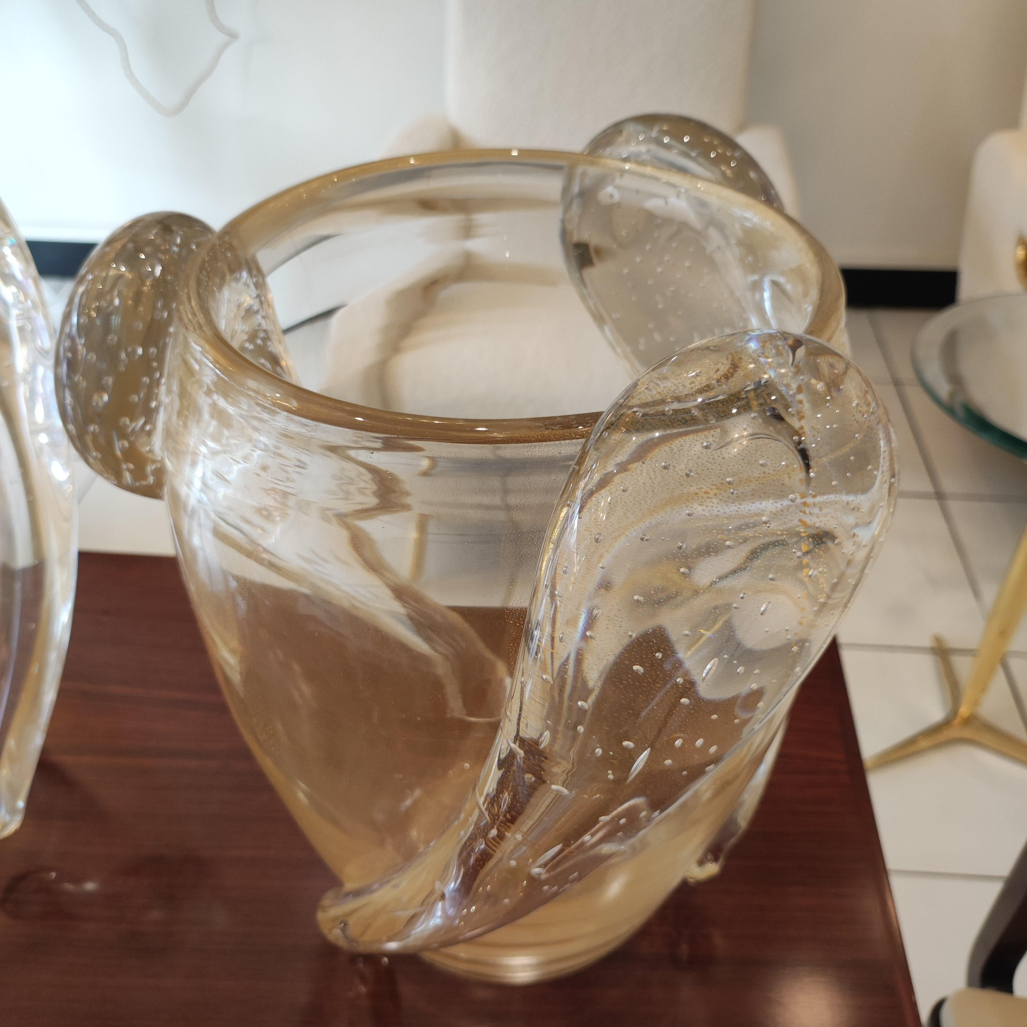Italian Pair of Blown Translucid Murano Glass Vase with Gold Glitters For Sale